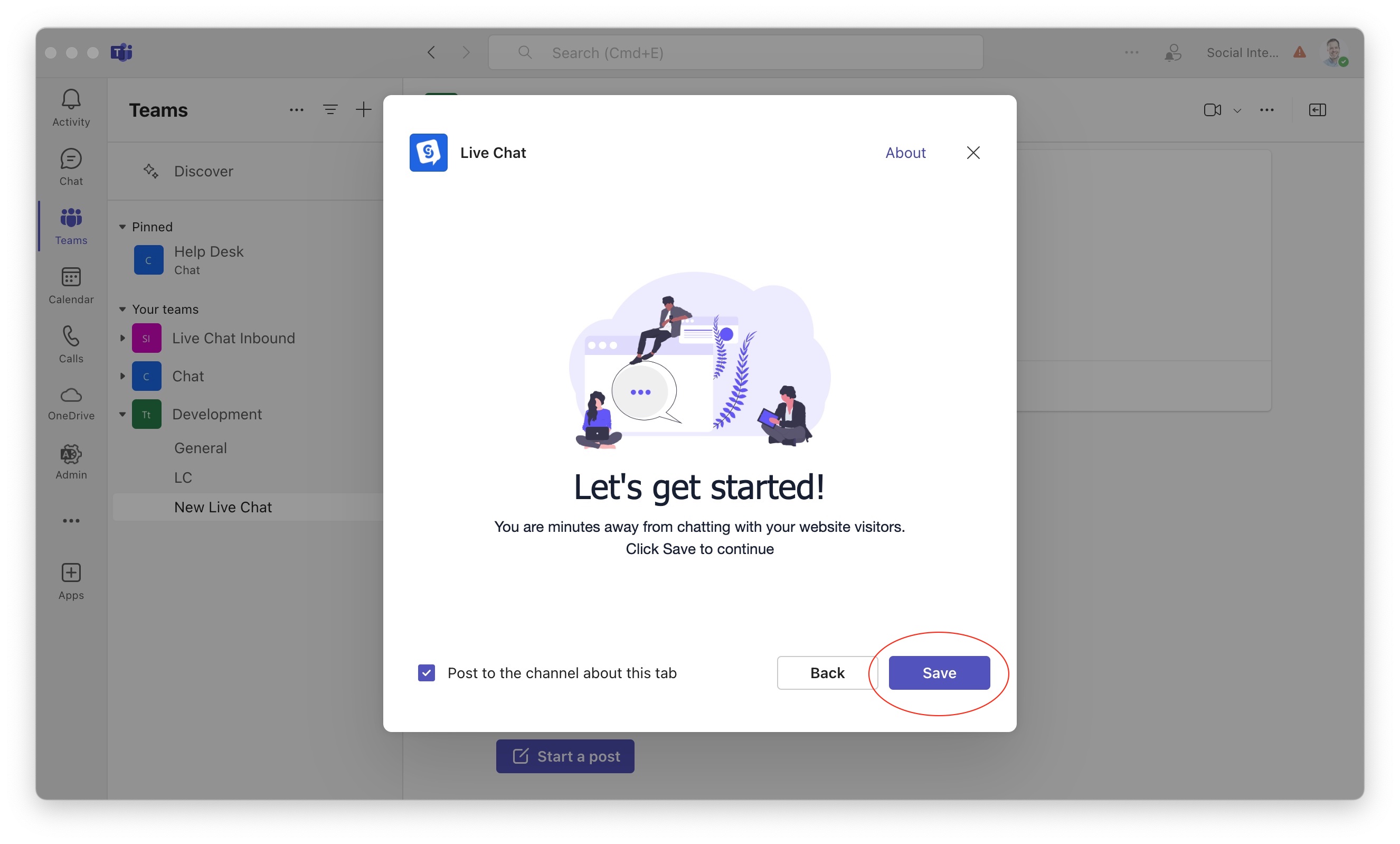 Save Live Chat app to Channel
