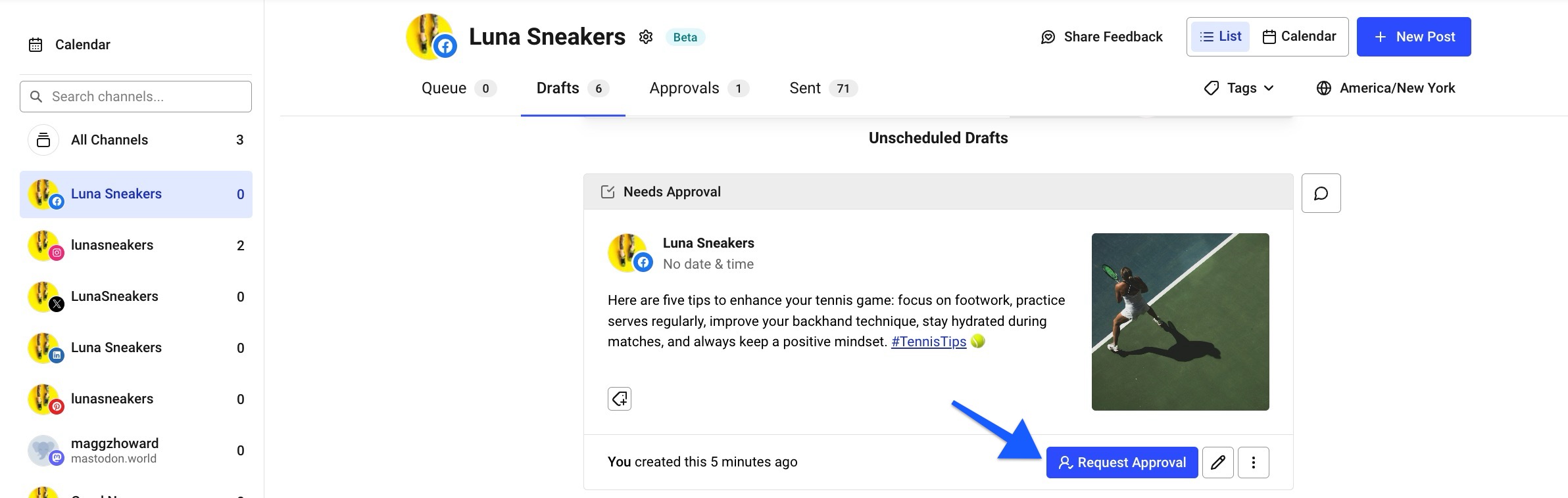 Buffer Drafts queue with an arrow pointing to the Request Approval option on a draft