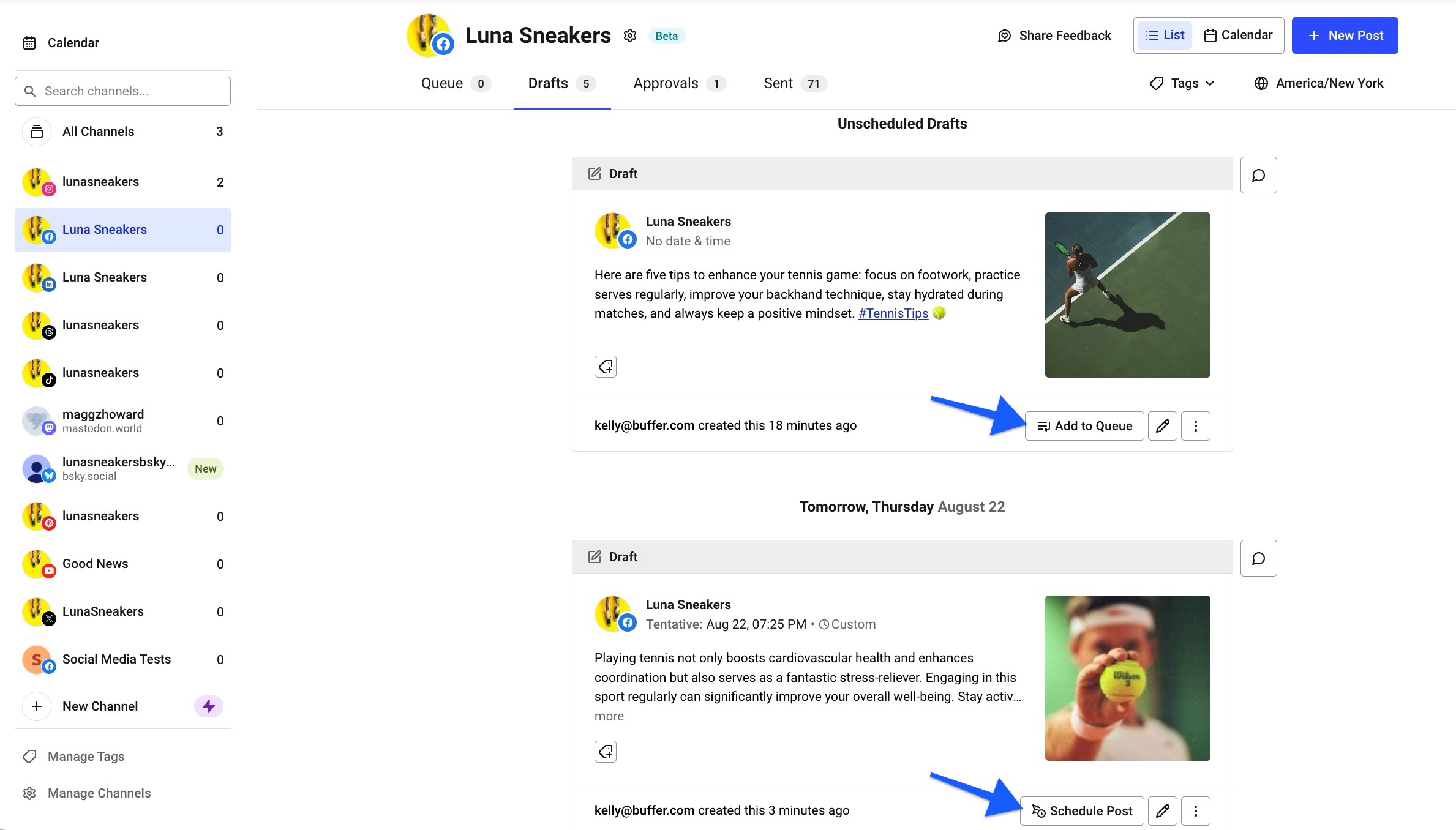 Buffer Drafts queue with one draft showing the option to Add to Queue and one draft showing the Schedule Post option