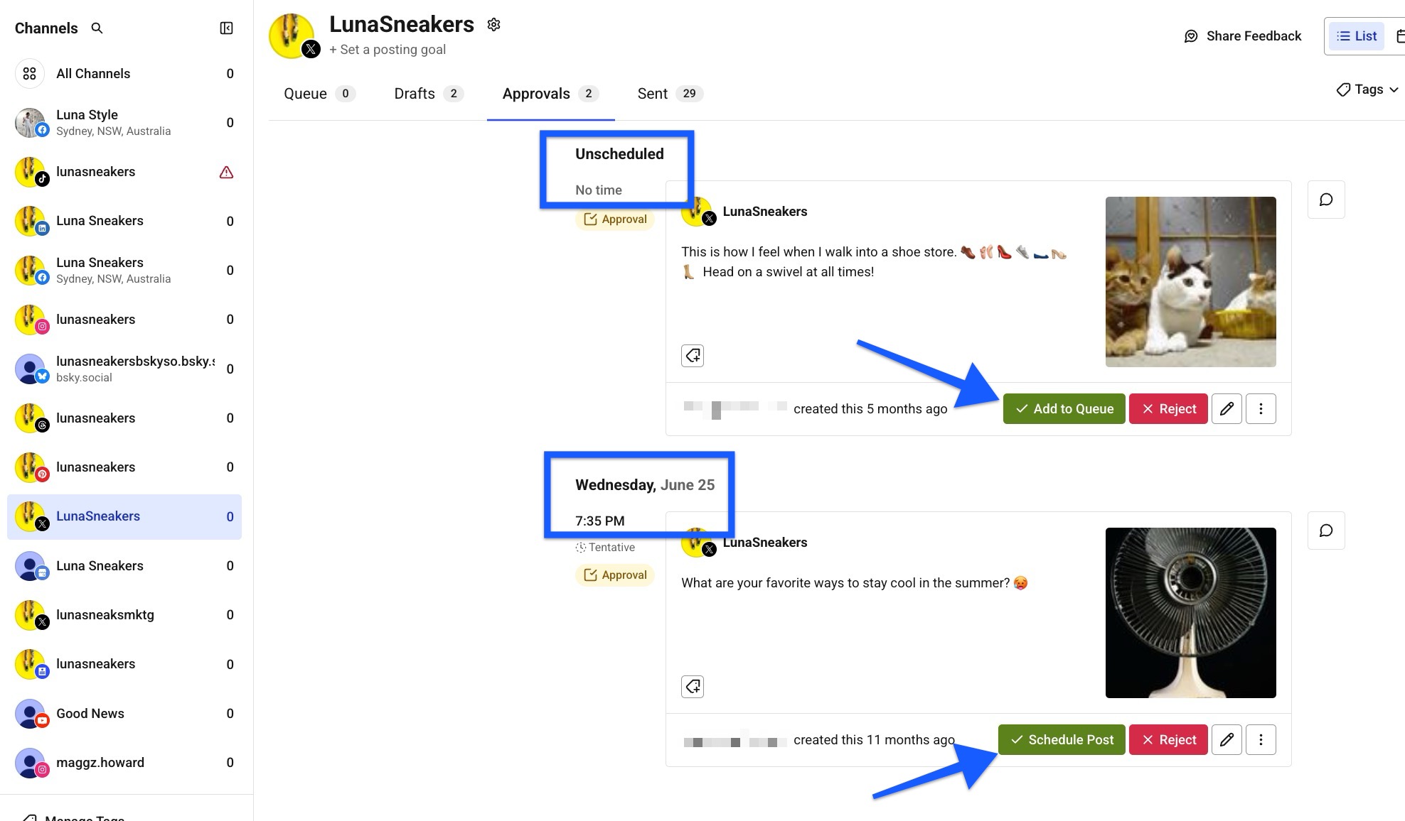 Add to Queue and Schedule Posts buttons in the Approvals tab